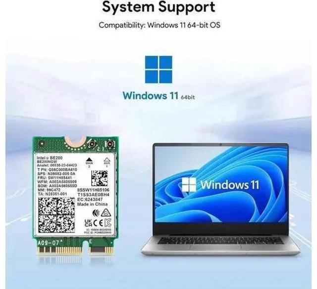 Alt view image 2 of 14 - Wireless WiFi Network Card, BE200 WiFi 7 Adapter, BE200NGW 8774Mbps Bluetooth 5.4 Tri-Band 802.11be NGFF M.2 Module, MU-MIMO, WPA4, Wireless Adapter for Laptop, Only Work for Windows 11 (64-bit)