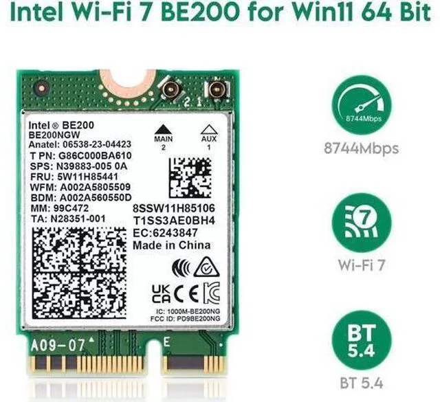 Main image of Wireless WiFi Network Card, BE200 WiFi 7 Adapter, BE200NGW 8774Mbps Bluetooth 5.4 Tri-Band 802.11be NGFF M.2 Module, MU-MIMO, WPA4, Wireless Adapter for Laptop, Only Work for Windows 11 (64-bit)