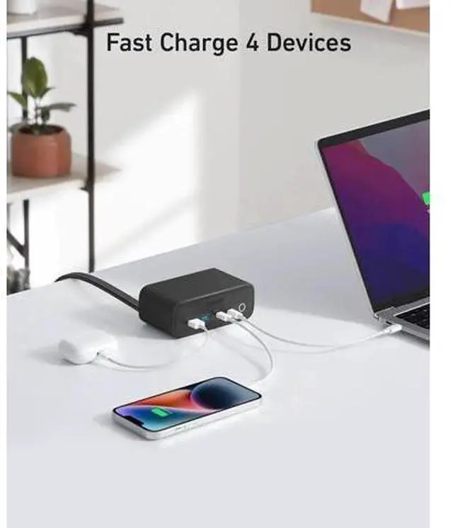Alt view image 3 of 14 - 525 Charging Station 5 ft Thin Cord and Flat Plug 7-in-1 USB C Power Strip for iPhone 15/14 3 AC 2 USB A 2 USB C 65W Power Delivery Desktop Accessory for MacBook Pro Office (Phantom Black)