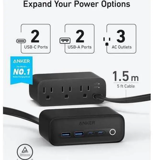 Alt view image 5 of 14 - 525 Charging Station 5 ft Thin Cord and Flat Plug 7-in-1 USB C Power Strip for iPhone 15/14 3 AC 2 USB A 2 USB C 65W Power Delivery Desktop Accessory for MacBook Pro Office (Phantom Black)