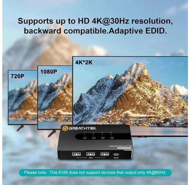 Alt view image 3 of 14 - 4 Port HDMI KVM Switch for 4 Computers 1 Monitor, 4 in 1 Out HDMI KVM Switches Support UHD 4K@30HZ with 3 USB 2.0 Port to Share Keyboard Mouse Printer, with Remote Control&Button Switch, Support EDID