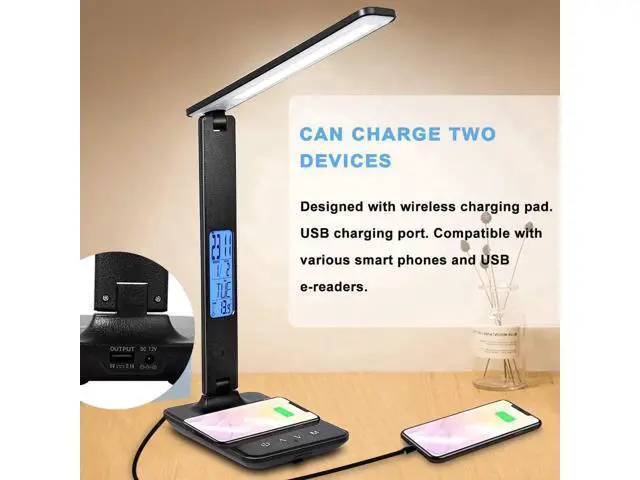 Alt view image 2 of 7 - LED Desk Lamp, Desk Lamp with Wireless Charger, Suitable for Home, Office Dimmable Desk Lamp, with USB Charging Port, Built-in Clock, Calendar, Thermometer and Automatic Timing Reading Desk Lamp