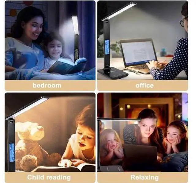 Alt view image 4 of 7 - LED Desk Lamp, Desk Lamp with Wireless Charger, Suitable for Home, Office Dimmable Desk Lamp, with USB Charging Port, Built-in Clock, Calendar, Thermometer and Automatic Timing Reading Desk Lamp