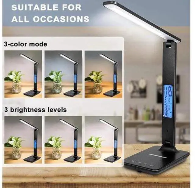 Alt view image 7 of 7 - LED Desk Lamp, Desk Lamp with Wireless Charger, Suitable for Home, Office Dimmable Desk Lamp, with USB Charging Port, Built-in Clock, Calendar, Thermometer and Automatic Timing Reading Desk Lamp