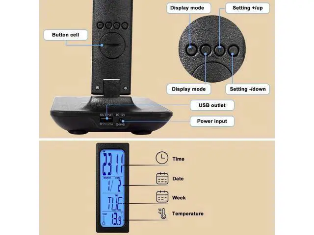 Alt view image 6 of 7 - LED Desk Lamp, Desk Lamp with Wireless Charger, Suitable for Home, Office Dimmable Desk Lamp, with USB Charging Port, Built-in Clock, Calendar, Thermometer and Automatic Timing Reading Desk Lamp