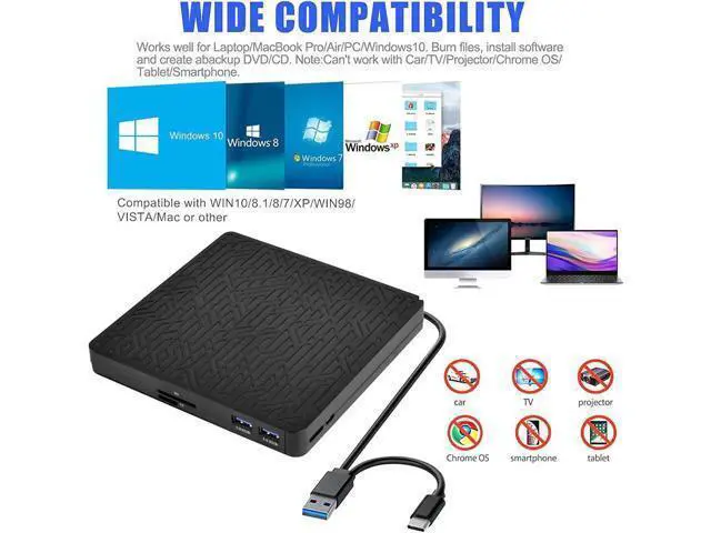 Alt view image 3 of 7 - DVD Drive, USB3.0/Type-C DVD CD ROM +/-RW Player for Laptop, Optical Disk Burner with Hub, 2 USB 3.0 Port, SD/TF Port, Micro USB Type C Cord for PC Desktop Mac Book Windows 10/8/7 Linux OS