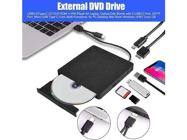 Alt view image 6 of 7 - DVD Drive, USB3.0/Type-C DVD CD ROM +/-RW Player for Laptop, Optical Disk Burner with Hub, 2 USB 3.0 Port, SD/TF Port, Micro USB Type C Cord for PC Desktop Mac Book Windows 10/8/7 Linux OS