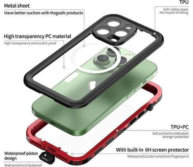 Alt view image 4 of 7 - for iPhone 14 Pro Case Waterproof, Compatible with Magsafe Magnetic Protective iPhone 14 Pro Phone Case, Water Proof Mag Safe Magnet Shockproof Full Body Clear with Screen Protector Red