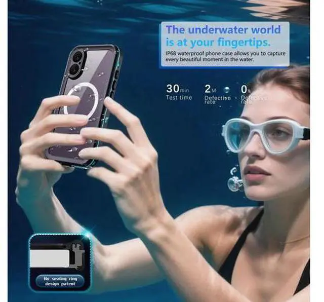 Alt view image 2 of 7 - for iPhone 17 Waterproof Case Compatible with MagSafe, Magnetic Waterproof Full Body IP68 Underwater Case Built-in Screen Protector Military Grade Shockproof Cover with Lanyard Blue