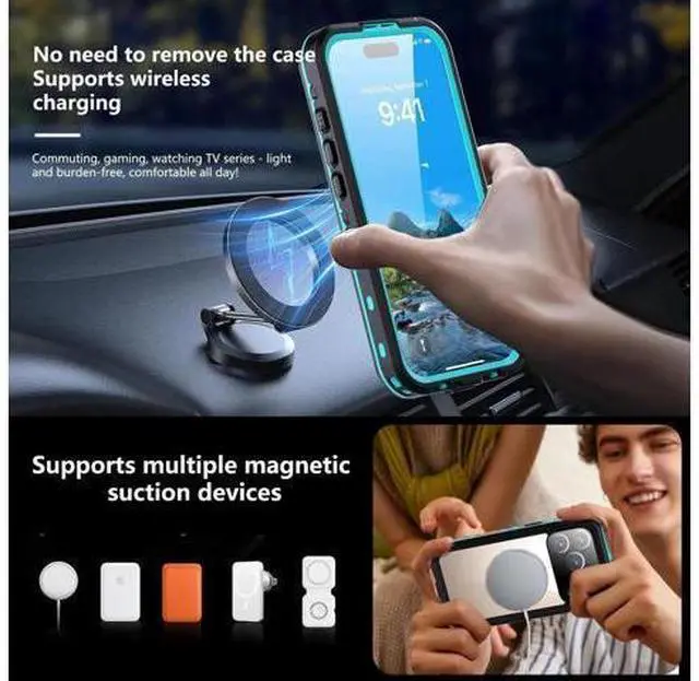 Alt view image 3 of 7 - for iPhone 17 Pro Waterproof Case Compatible with MagSafe, Magnetic Waterproof Full Body IP68 Underwater Case Built-in Screen Protector Military Grade Shockproof Cover with Lanyard Blue