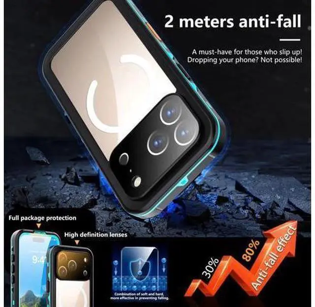 Alt view image 7 of 7 - for iPhone 17 Pro Waterproof Case Compatible with MagSafe, Magnetic Waterproof Full Body IP68 Underwater Case Built-in Screen Protector Military Grade Shockproof Cover with Lanyard Blue