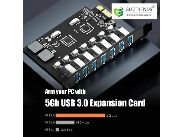 Alt view image 2 of 7 - Aomoproing U3057 7-Port USB 3.0 Type-A 5Gb PCIe Expansion Card for Intel, AMD, and ARM Platform, Compatible with Windows and Linux (Not Support Mac OS)