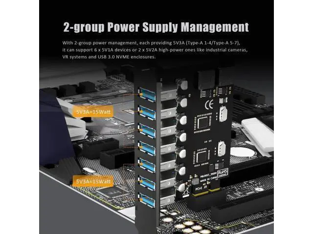 Alt view image 3 of 7 - Aomoproing U3057 7-Port USB 3.0 Type-A 5Gb PCIe Expansion Card for Intel, AMD, and ARM Platform, Compatible with Windows and Linux (Not Support Mac OS)