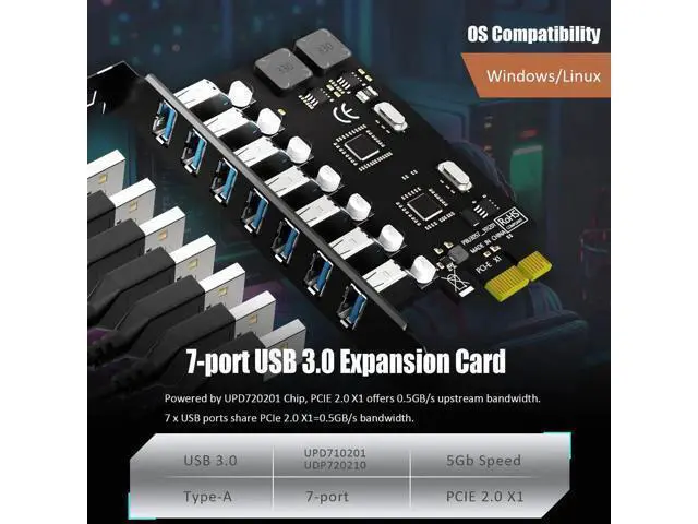 Alt view image 5 of 7 - Aomoproing U3057 7-Port USB 3.0 Type-A 5Gb PCIe Expansion Card for Intel, AMD, and ARM Platform, Compatible with Windows and Linux (Not Support Mac OS)
