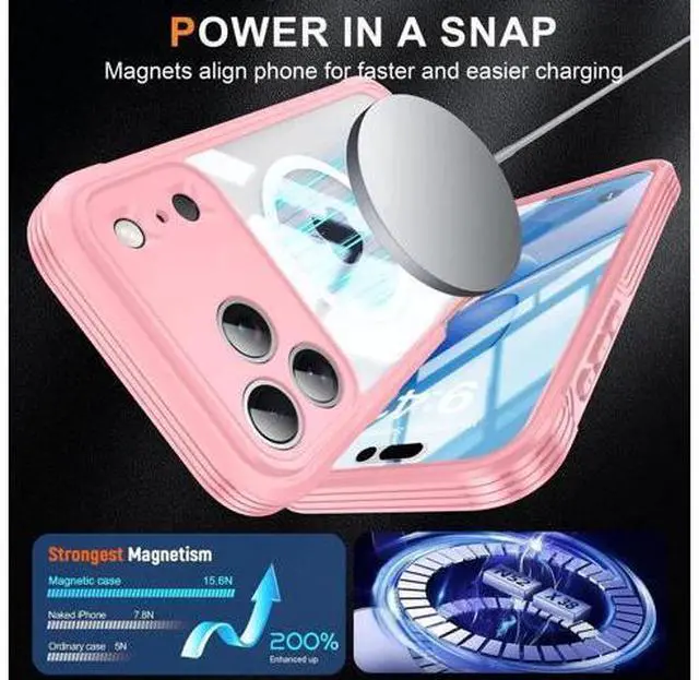 Alt view image 5 of 5 - Magnetic Case for iPhone 17 Pro Max with Built-in Screen Protector, Shockproof Phone Cover with Camera Protector, Compatible with MagSafe, Full Body Phone Case Pink