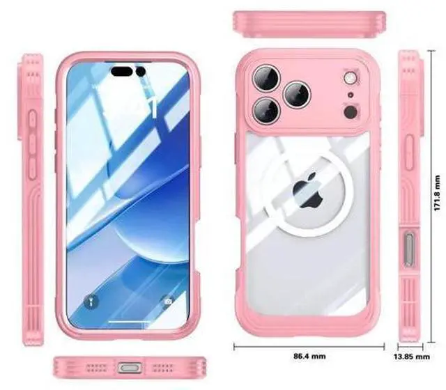 Alt view image 4 of 5 - Magnetic Case for iPhone 17 Pro Max with Built-in Screen Protector, Shockproof Phone Cover with Camera Protector, Compatible with MagSafe, Full Body Phone Case Pink