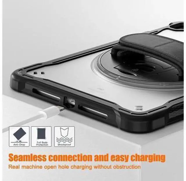 Alt view image 4 of 7 - Case For iPad 6th 5th Generation, iPad 9.7 Inch 2018 2017, iPad Air 2, iPad Pro 9.7 Shcokproof Cover with Transparent Back, Pencil Holder, Rotating Stand, Hand/Shoulder Strap, Stylus Pen
