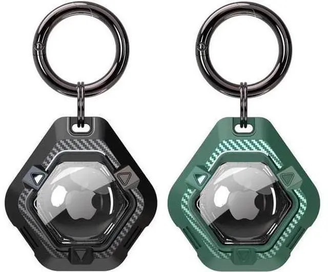 Main image of 2 Pack IPX8 Waterproof Airtag Holder (TPU&Clear PC Double Protection), Anti-Scratch Shockproof AirTag Case with Carbon Fiber Texture Keychain,Inner and Outer TPU Bumpers for Apple AirTag Black/Green