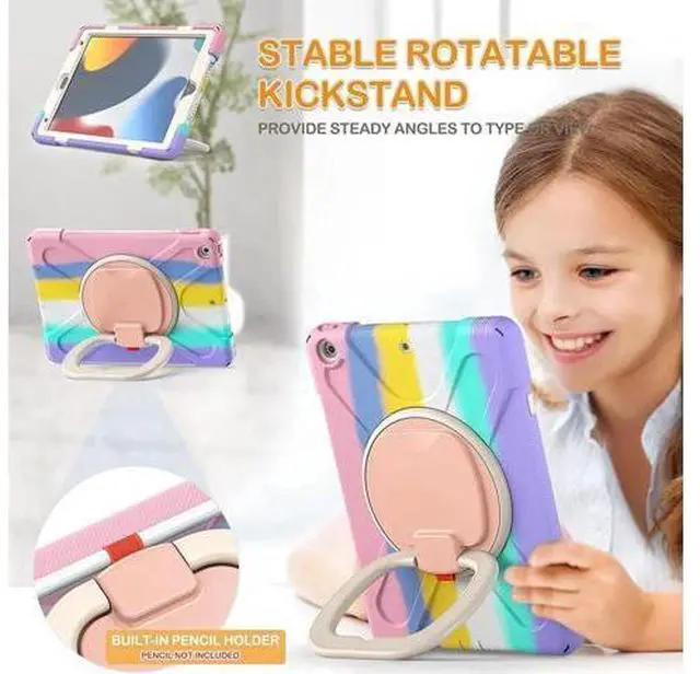 Alt view image 4 of 7 - iPad 8th 7th Generation Case, iPad 10.2 inch Case 2020 2019, Heavy Duty Rugged Kids Cover with Rotating Stand/Pencil Holder/Carrying Strap Pink
