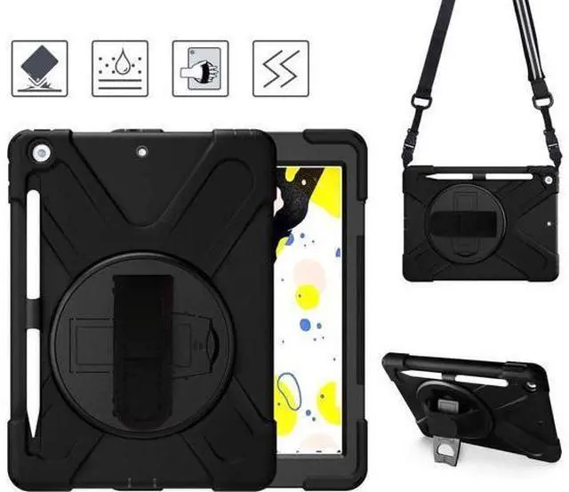 Main image of New iPad 10.2 Case 2019 iPad 7th Generation Case Cover with Pencil Holder / Rotatable Stand / Hand Strap and Shoulder Belt Shockproof Case for iPad 10.2 inch 2019 Tablet A2197 A2198 A2200 Black