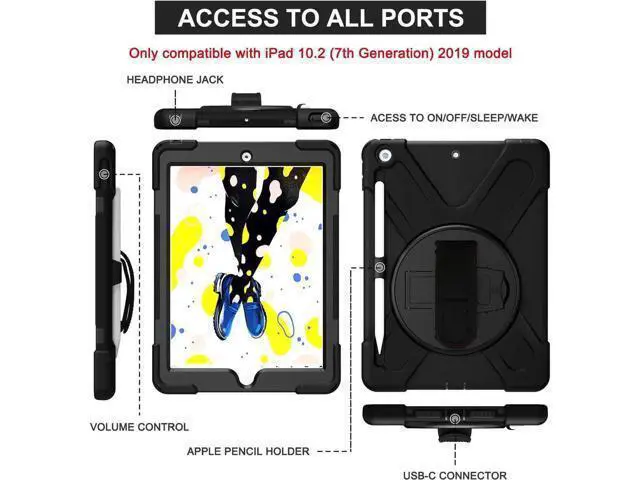 Alt view image 5 of 7 - New iPad 10.2 Case 2019 iPad 7th Generation Case Cover with Pencil Holder / Rotatable Stand / Hand Strap and Shoulder Belt Shockproof Case for iPad 10.2 inch 2019 Tablet A2197 A2198 A2200 Black