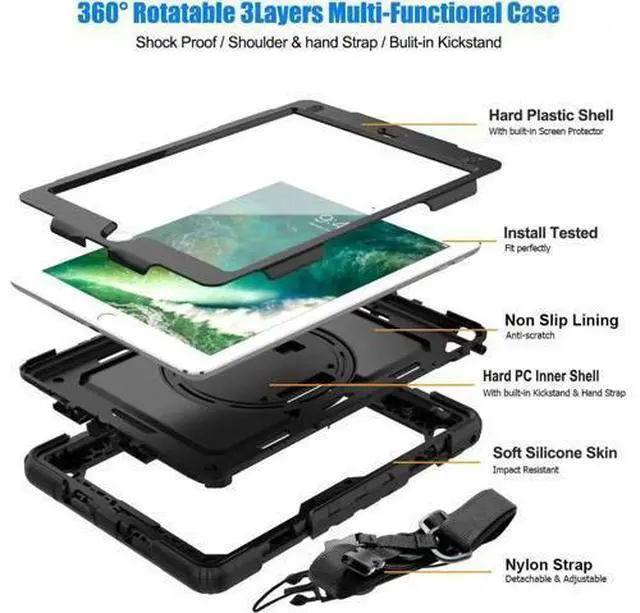 Alt view image 7 of 7 - iPad 6th 5th Generation Case New iPad 9.7 Inch 2018 2017 Case Full-body Shock Proof Hybrid Armor Protective Case Cover with 360 Rotating Stand & Strap for Apple iPad 5th / 6th iPad Air 2 iPad Pro 9.7