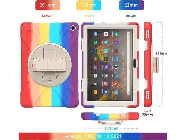Alt view image 2 of 7 - Amazon Kindle Fire HD 10 / Fire HD 10 Plus 11th Generation 2021 Case, Shockproof Rugged Drop Protection Cover with Pencil Holder and Rotating Kickstand Hand Strap / Shoulder Strap Matte Red