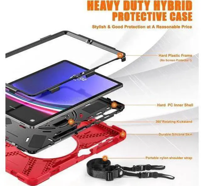 Alt view image 3 of 7 - Protective Case for Samsung Galaxy Tab S9 Plus 2023 / S8 Plus 2022 / S7 FE 2021 / S7 Plus 2020 12.4 inch Tablet Shockproof Cover with 360 Degree Rotating Kickstand, Hand/Shoulder Strap Red