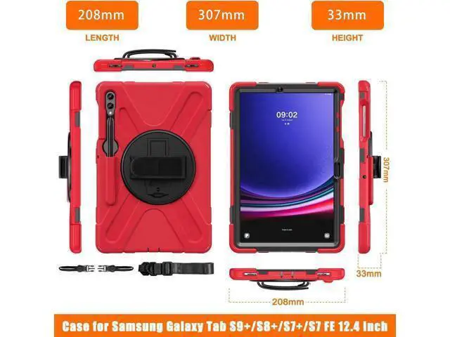 Alt view image 2 of 7 - Protective Case for Samsung Galaxy Tab S9 Plus 2023 / S8 Plus 2022 / S7 FE 2021 / S7 Plus 2020 12.4 inch Tablet Shockproof Cover with 360 Degree Rotating Kickstand, Hand/Shoulder Strap Red