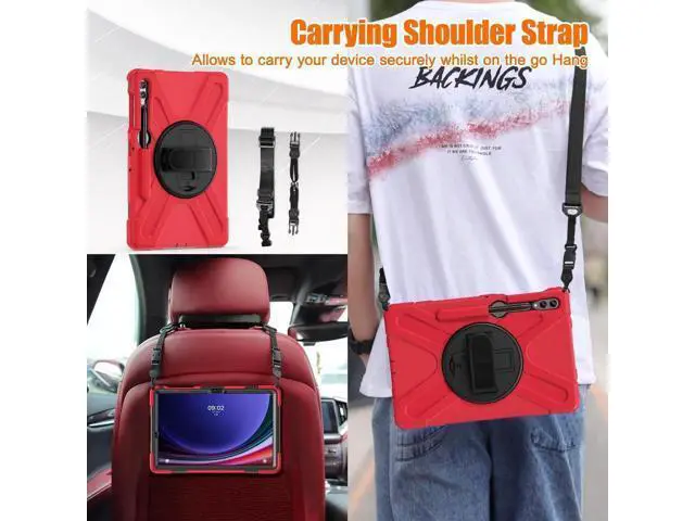 Alt view image 4 of 7 - Protective Case for Samsung Galaxy Tab S9 Plus 2023 / S8 Plus 2022 / S7 FE 2021 / S7 Plus 2020 12.4 inch Tablet Shockproof Cover with 360 Degree Rotating Kickstand, Hand/Shoulder Strap Red