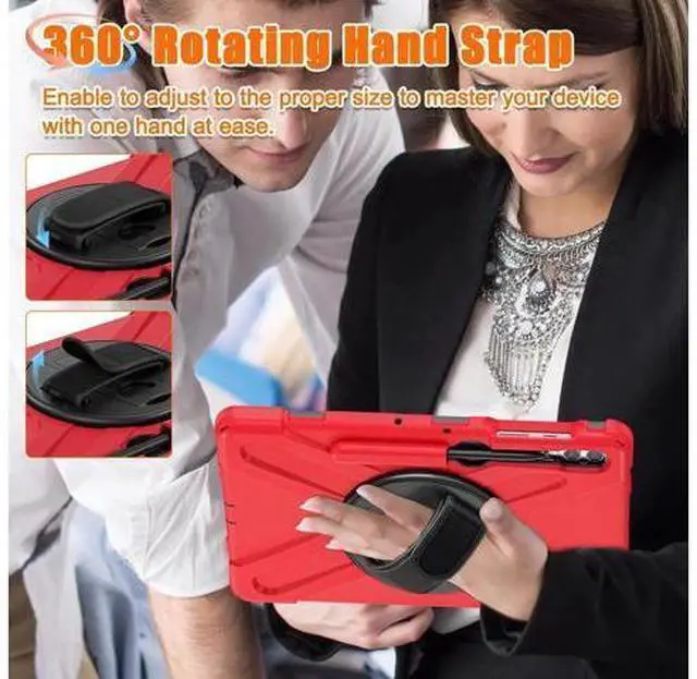 Alt view image 7 of 7 - Protective Case for Samsung Galaxy Tab S9 Plus 2023 / S8 Plus 2022 / S7 FE 2021 / S7 Plus 2020 12.4 inch Tablet Shockproof Cover with 360 Degree Rotating Kickstand, Hand/Shoulder Strap Red