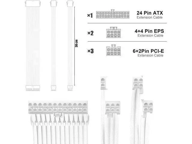 Alt view image 2 of 5 - PSU Cable Extension Kit 30CM Length with Combs,1x24Pin/2x8Pin(4+4) EPS/3x8Pin(6P+2P) PCI-E/PC Sleeved for ATX Power Supply,White, All-White