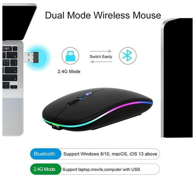 Alt view image 4 of 6 - Wireless Mouse Bluetooth 5.1 Rechargeable LED Silent Mouse USB Optical Ergonomic Gaming 2.4G Wireless Backlite