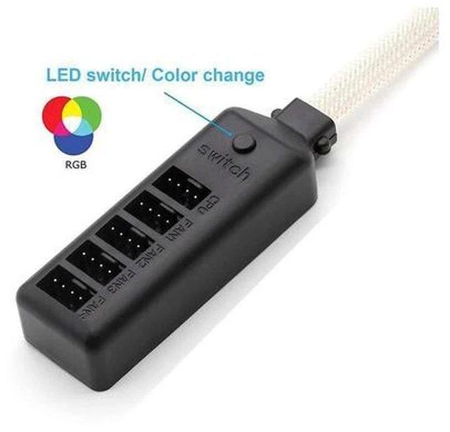 Main image of PWM Fan Hub w/ LED RGB Colorful Switch,1 to 5 Sleeved PWM Fan Splitter Hub Adapter Cable for 12V Desktop Computer Cooler Case Fans 4-Pin & 3-Pin - 1.3ft