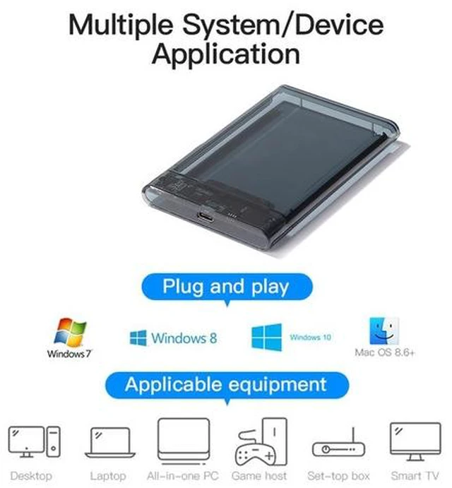 Alt view image 5 of 6 - 2.5inch SSD HDD Hard Disk Box SATA To USB3.1 8TB Mobile HDD Box USB3.0 To Type-C Transparent Plug and Play for Notebook Computer(Transparent Black)