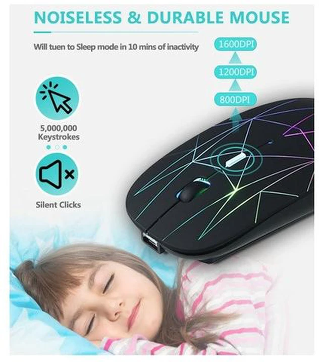 Alt view image 4 of 6 - 2.4G Wireless Mouse LED Rechargeable Slim Silent Mouse with USB and Type C 2 in 1 Receiver for Computers Laptops Black