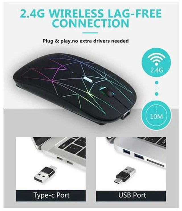 Alt view image 5 of 6 - 2.4G Wireless Mouse LED Rechargeable Slim Silent Mouse with USB and Type C 2 in 1 Receiver for Computers Laptops Black