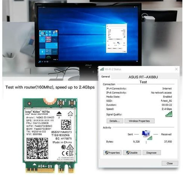 Alt view image 2 of 6 - 5374Mbps Wifi 6e AX210 Wifi Network Card Killer 1675X Bluetooth 5.2 Wireless Wlan Adapter AX210NGW M.2 Wi-fi 6 For Win 10(Antenna)