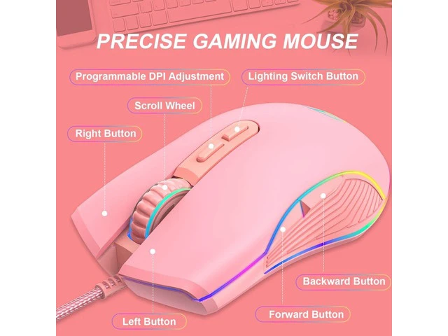 Alt view image 4 of 6 - 3200 DPI USB Gaming Mouse Computer Wried Optical Mice for PC Gamer RGB 4 Backlight Breathing LED, Pink USB Model