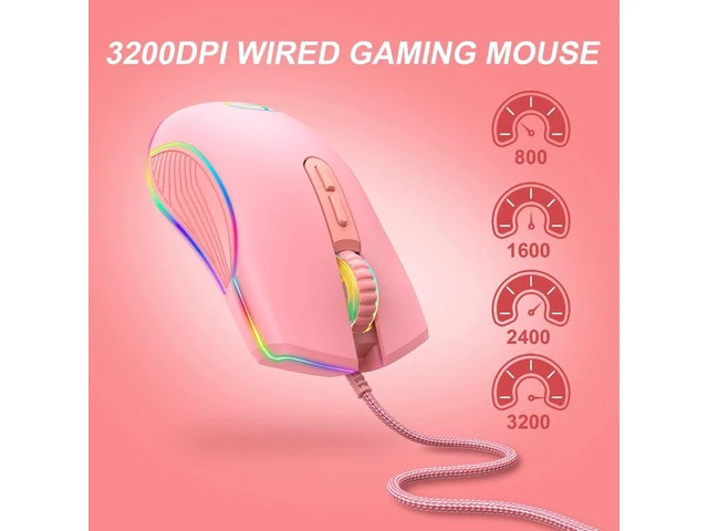 Alt view image 5 of 6 - 3200 DPI USB Gaming Mouse Computer Wried Optical Mice for PC Gamer RGB 4 Backlight Breathing LED, Pink USB Model