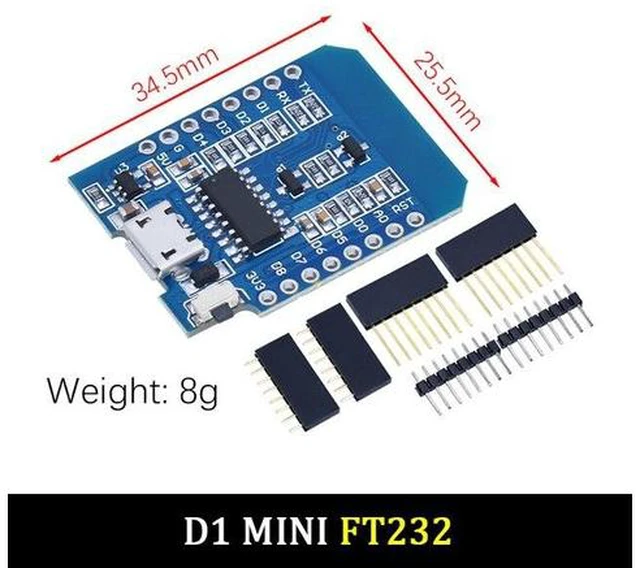 Main image of WiFi development board, 3.3V Nodemcu Lua IoT board with pins, ESP8266, ESP-12, CH340G, CH340, V2, USB, WEMOS D1, Mini Pro(D1 MINI FT232)