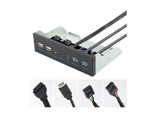 Alt view image 3 of 4 - 5.25 Inch Front Panel 7 Ports USB Hub w/ HD Audio & Microphone, USB 3.2 Gen 2(10Gbps) Type-C,2 x USB 3.0 & 2 x USB 2.0 ,3.5mm Audio & Mic ,USB Motherboard Header to PC Case Expansion Adapter