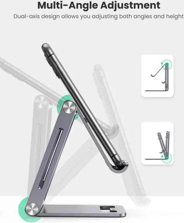 Alt view image 2 of 7 - Cell Phone Stand Desk Adjustable Aluminum Mobile Phone Holder Compatible for iPhone 13 12 Pro Max, iPhone 11 X SE XS XR 8 Plus 6 7 6S Samsung Galaxy Note20 S20 S10 S9 S8 S7 Smartphone Foldable