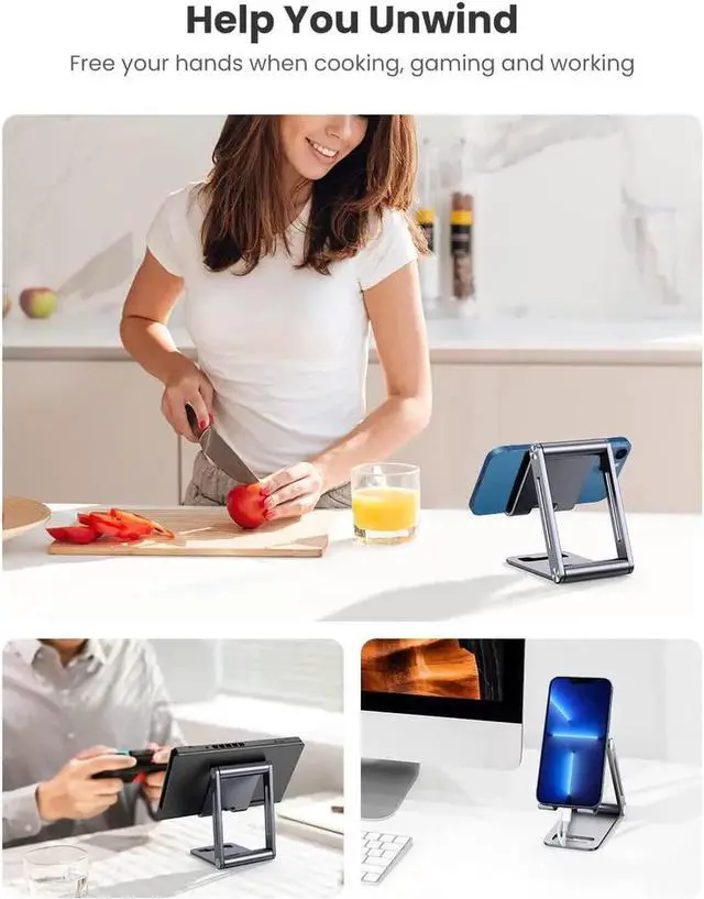Alt view image 6 of 7 - Cell Phone Stand Desk Adjustable Aluminum Mobile Phone Holder Compatible for iPhone 13 12 Pro Max, iPhone 11 X SE XS XR 8 Plus 6 7 6S Samsung Galaxy Note20 S20 S10 S9 S8 S7 Smartphone Foldable