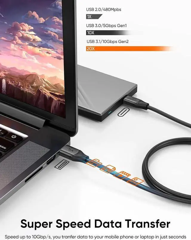 Alt view image 3 of 7 - CableCreation 2-Pack USB C to USB A Cable 3.3FT, USB C to USB 3.2 Gen2 10Gbps USB A to C Data Cable, Android Auto USB C Cable 3A for USB C External SSD MacBook Pro iPad, iPhone 16/15, Pixel, 1.0m Gray