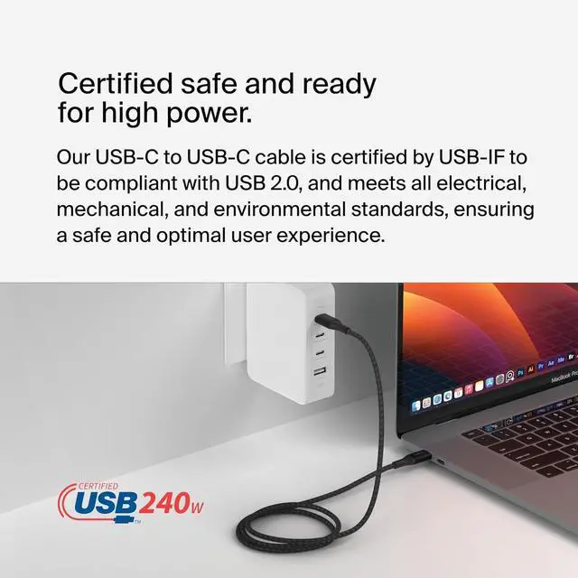 Alt view image 4 of 7 - BoostCharge USB C to USB C Cable - Fast-Charging Power Cable with Braided Nylon Cord, Anodized Aluminum Head - 240W Power Delivery - Universal Compatibility - 3.3 or 6.6ft Length