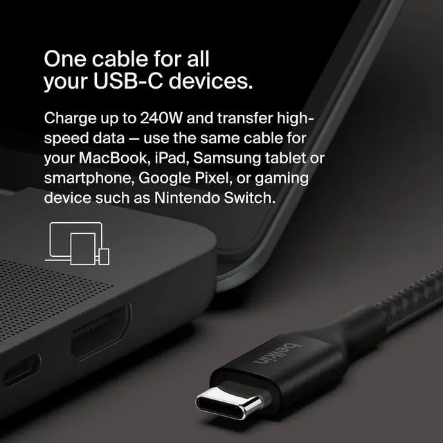 Alt view image 7 of 7 - BoostCharge USB C to USB C Cable - Fast-Charging Power Cable with Braided Nylon Cord, Anodized Aluminum Head - 240W Power Delivery - Universal Compatibility - 3.3 or 6.6ft Length