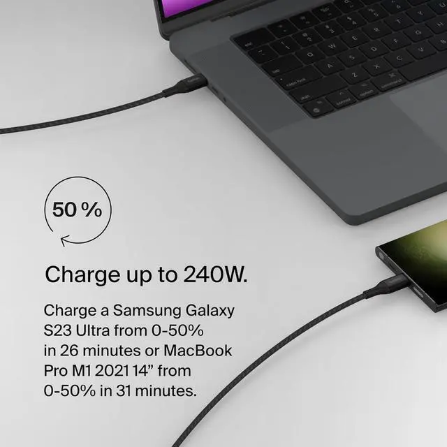 Alt view image 3 of 7 - BoostCharge USB C to USB C Cable - Fast-Charging Power Cable with Braided Nylon Cord, Anodized Aluminum Head - 240W Power Delivery - Universal Compatibility - 3.3 or 6.6ft Length