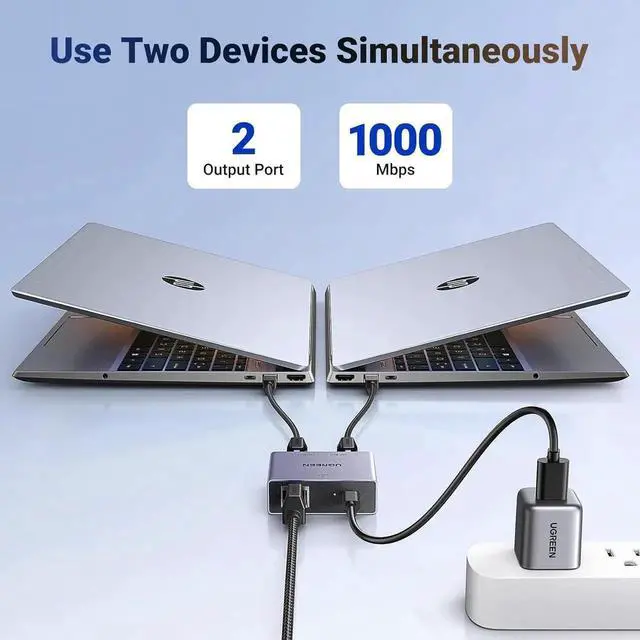 Alt view image 3 of 7 - UGREEN 1000Mbps Ethernet Splitter 1 to 2, Plug and Play, 2 Devices Simultaneously Networking, 3FT USB Power Cable, RJ45 Internet Ethernet Switch for PC, Laptop, PS5, Xbox, TV