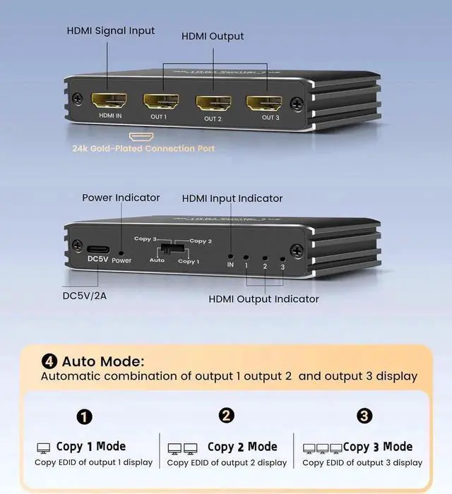 Alt view image 5 of 7 - HDMI Splitter 1 in 3 Out - 1x3 HDMI Display Duplicate/Mirror - Powered Splitter 4K 120Hz, 8K @ 60Hz (One Input To Three Outputs) - 1 Source to 3 Identical Displays